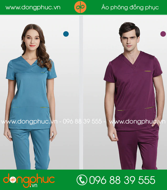 Đồng phục phòng mổ màu xanh và tím